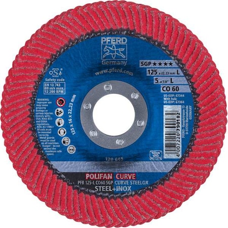 Pferd 5" x 7/8" A.H. POLIFAN Flap Disc - CO SGP CURVE STEELOX, Ceramic oxide, 60 Grit, Large Radius 67344