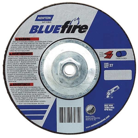 Norton Abrasives Depressed Center Grinding Wheel, Type 28, 7 in Dia, 0.25 in Thick, 5/8"-11 Arbor Hole Size, 24 Grit 66252843229