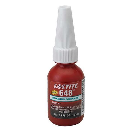 Loctite Retaining Compound, 648 Series, Green, Liquid, For Close-Fitting Parts, 10 mL Bottle 1835922