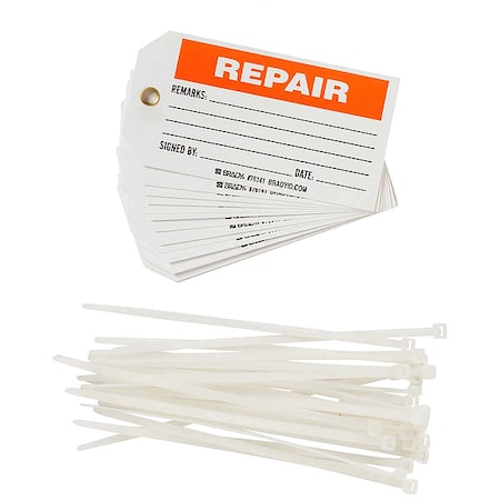 Brady Tag, Repair, Polyester, 3 in H x 5 3/4 in W, Black, Orange on White, Rectangle, 25 PK 76141