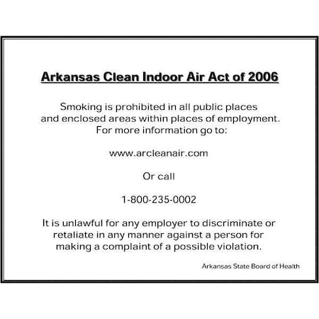 Zing No Smoking Sign, Arkansas, 10" H, 14 in W, Plastic, Rectangle, English, 2846 2846