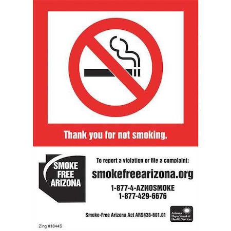 Zing No Smoking Label, Arizona, 7 in Height, 5 in Width, Plastic, Rectangle, English 1844S