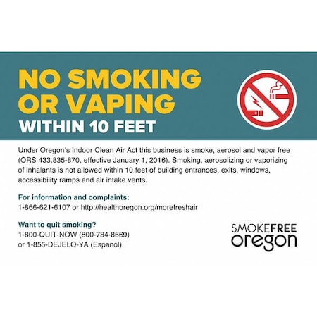 Zing No Smoking Sign, Oregon, 7" H, 10" W, Plastic, Rectangle, English, 1861 1861