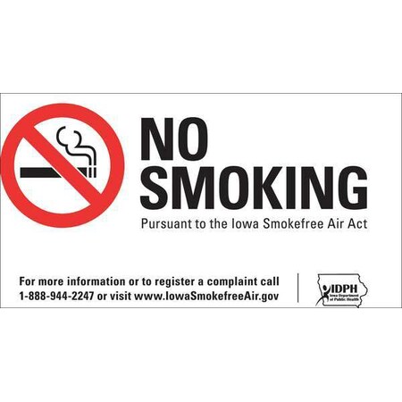 Zing No Smoking Sign, Iowa, 7" H, 10" W, Plastic, Rectangle, English, 1855 1855
