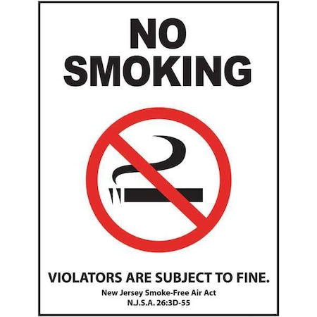 Zing No Smoking Sign, New Jersey, 10" H, 7 in W, Plastic, Rectangle, English, 1857S 1857S