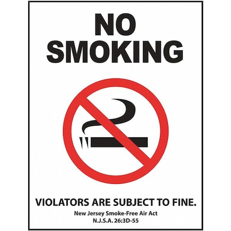 Zing No Smoking Sign, New Jersey, 14 in H, 10" W, Plastic, Rectangle, English, 2857 2857