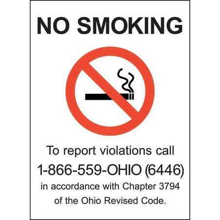 Zing No Smoking Sign, Ohio, 10" H, 7 in W, Plastic, Rectangle, English, 1859 1859