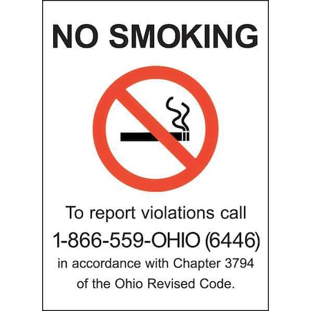 Zing No Smoking Sign, Ohio, 14 in H, 10" W, Plastic, Rectangle, English, 2859S 2859S