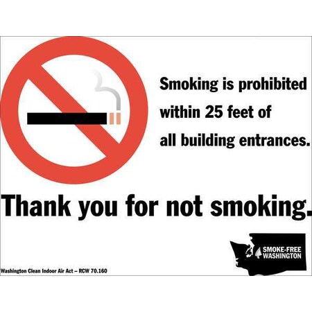 Zing No Smoking Sign, Washington, 10 in Height, 14 in Width, Aluminum, Rectangle, English 2867A