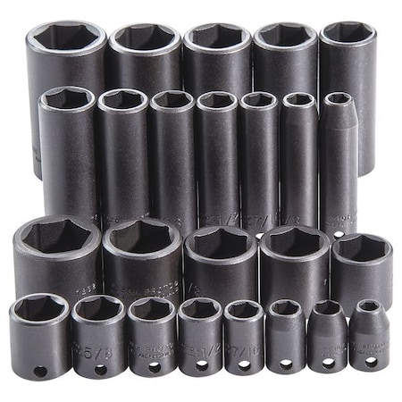Proto Impact Socket Set, 3/8 in Drive Size, SAE, Black Oxide, 25-Piece J72125