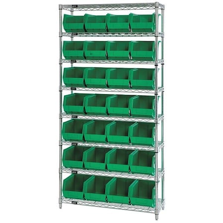 Quantum Storage Systems Steel, Polypropylene Bin Shelving, 12 in D x 74 in H x 36 in W, 8 Shelves, Green WR8-239GN