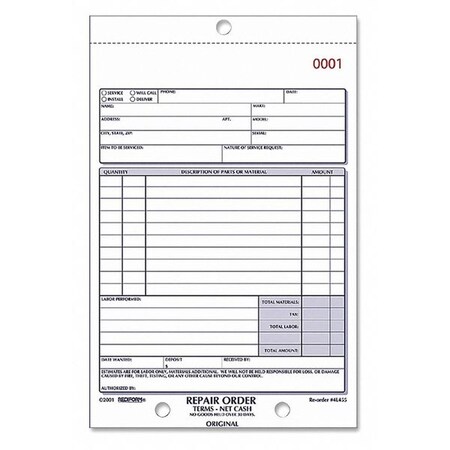 Rediform Form, Carbonless Repair Order Book, 3 Part 4L455