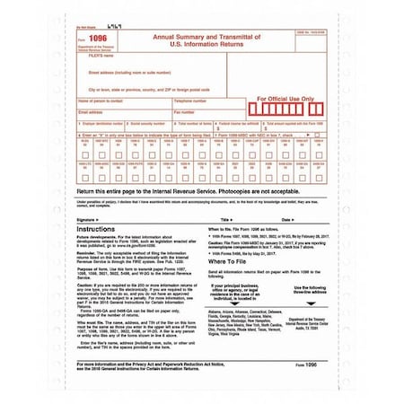 Tops Tax Form, 1096, Carbonless, PK10 2202