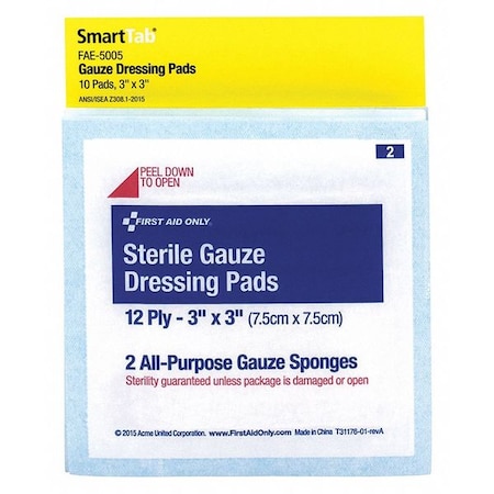First Aid Only Pads, Gauze, 3"X3" FAE5005