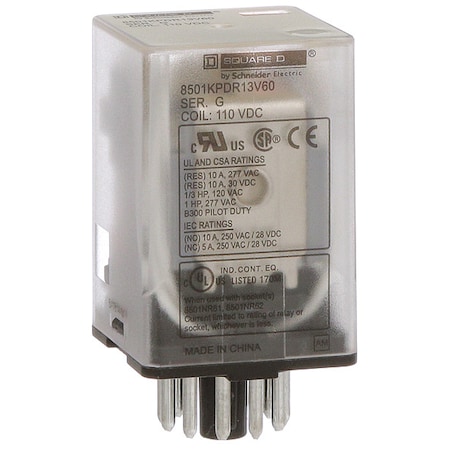 Square D General Purpose Relay, 110V DC Coil Volts, 11 Pin, 3PDT 8501KPDR13V60