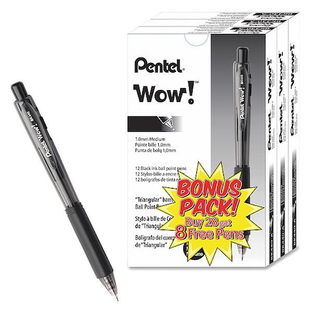 Pentel Pen, Wow, Ballpnt, Rt, Med, Bk, PK12 BK440A