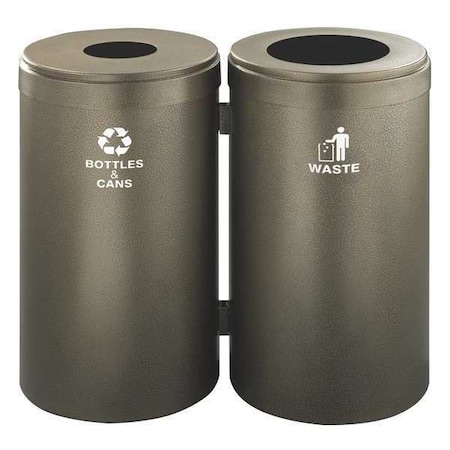 Glaro 46 gal Round Recycling Bin, Open Top, Bronze Vein, Steel, 2 Openings 1542-2BV-BV-B&C/W