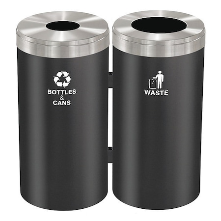 Glaro 46 gal Round Recycling Bin, Open Top, Satin Black/Satin Aluminum, Steel, 2 Openings 1542-2BK-SA-B&C/W