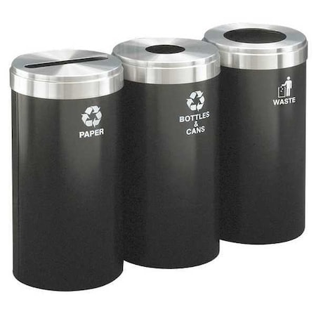 Glaro 69 gal Round Recycling Bin, Open Top, Satin Black/Satin Aluminum, Steel, 3 Openings 1542-3BK-SA-B&C/P/W