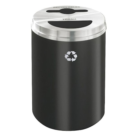 Glaro 33 gal Round Recycling Bin, Open Top, Satin Black/Satin Aluminum, Steel, 2 Openings MT-2032BK-SA-R/T