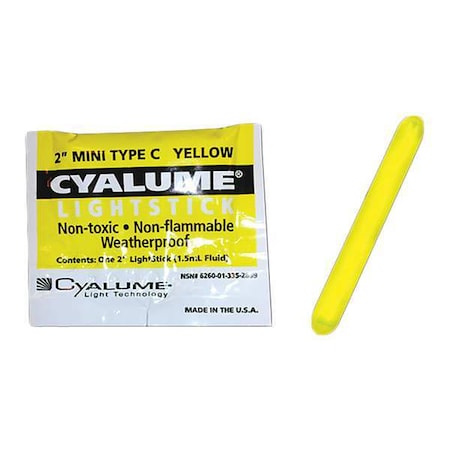 Chemlight By Cyalume Technologies Lightstick, Yellow, 4 hr., 2 in. L, PK50 9-28690PF