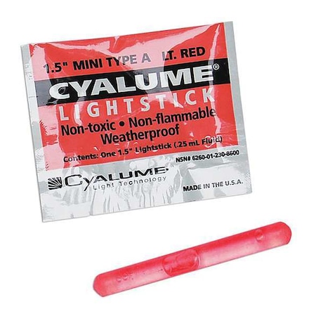Chemlight By Cyalume Technologies Lightstick, Red, 4 hr., 1-1/2 in. L, PK50 9-86000PF
