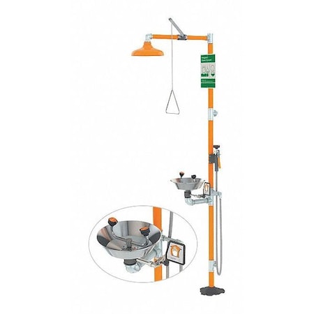 Guardian Equipment Shower with Eyewash, Floor Mount, Galvanized Steel Pipe, 94 3/4 in H, Stainless Steel Bowl, Orange G1902SSH