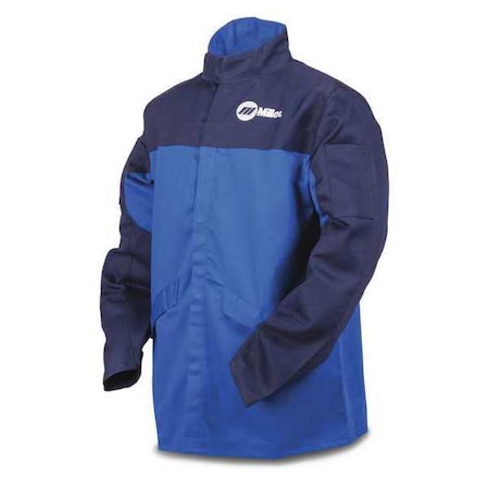 Miller Electric Welding Jacket, Indura, 9 oz, 30 in Length, Snaps Closure, 2 Pockets, Blue, L 258098