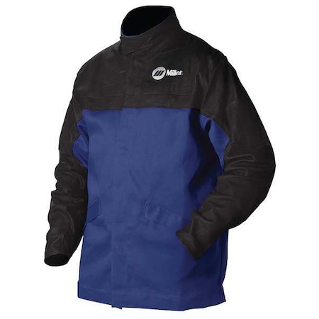 Miller Electric Welding Jacket, Indura with Pigskin Sleeves, 9 oz, 30 in Length, Snaps Closure, 2 Pockets, Blue, XL 231083
