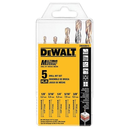 Dewalt 5-Pc. Multi Material Set (1/8", 3/16", 1/4", 5/16", 3/8") DWA56015