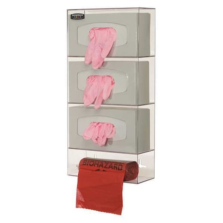 Bowman Dispensers Glove Dispenser, PETG, Holds (3) Boxes, Bag Roll , Clear , 20-1/2 in H x 10-1/8 in W x 4 in D PS004-0111