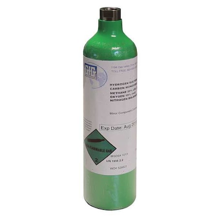 Gfg Calibration Gas, Carbon Dioxide, Hydrogen Sulfide, 44 L, C-10 Connection, +/-10% Accuracy 7802-030