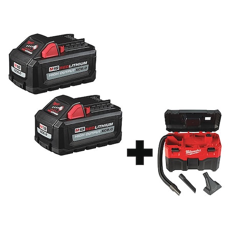 Milwaukee Tool M18 2-Gallon Wet/Dry Vacuum + M18 HIGH OUTPUT XC6.0 Batteries (2 Pk) 48-11-1862, 0880-20