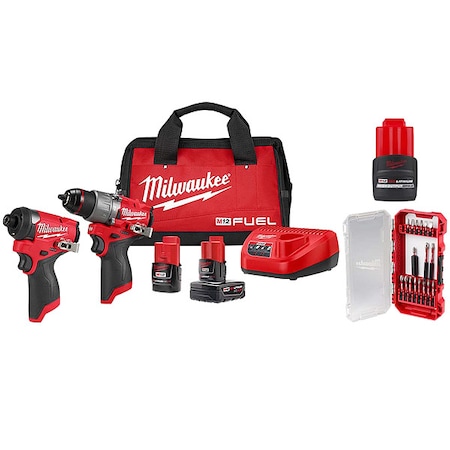 Milwaukee Tool M12 FUEL 2-Tool Combo Kit + SHOCKWAVE Impact Duty Driver Bit Set, 18PC + M12 CP2.5 Battery 3497-22, 48-11-2425, 48-32-4403