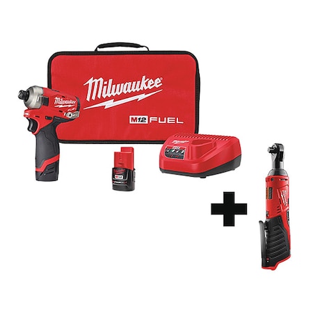 Milwaukee Tool M12 FUEL SURGE 1/4" Hex Hydraulic Driver Kit + M12 Cordless 3/8" Ratchet 2551-22, 2457-20