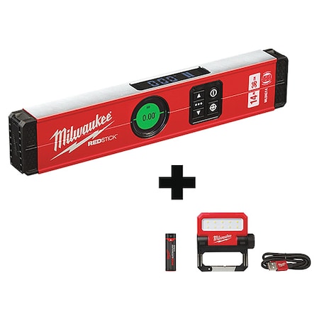Milwaukee Tool REDLITHIUM USB ROVER Pivoting Flood Light + 14" REDSTICK Digital Level w/ PINPOINT Measurement MLDIG14, 2114-21