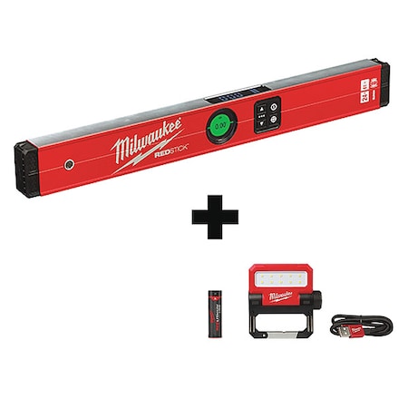 Milwaukee Tool REDLITHIUM USB ROVER Pivoting Flood Light + 24" REDSTICK Digital Level w/ PINPOINT Measurement MLDIG24, 2114-21