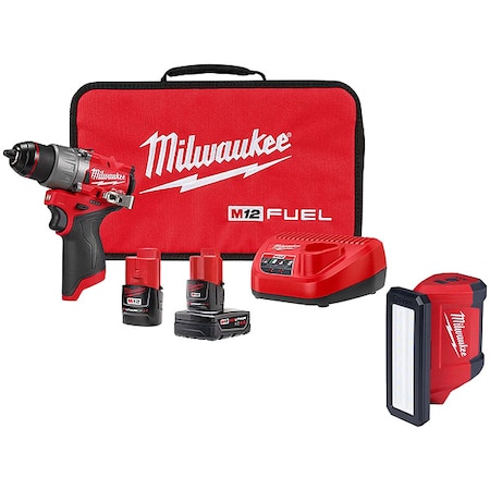 Milwaukee Tool M12 FUEL 1/2" Drill/Driver Kit + M12 ROVER Service and Repair Flood Light w/ USB Charging 3403-22, 2367-20