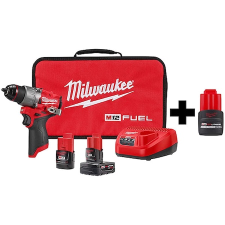 Milwaukee Tool M12 FUEL 1/2" Drill/Driver Kit + M12 HIGH OUTPUT CP2.5 Battery Pack 3403-22, 48-11-2425