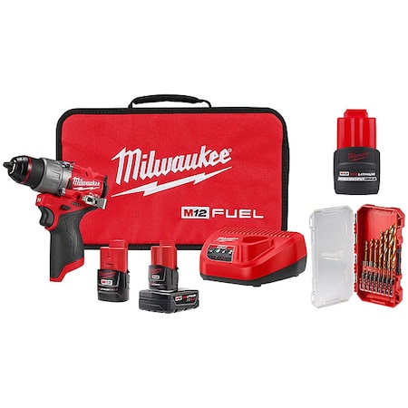 Milwaukee Tool M12 FUEL 1/2" Drill/Driver Kit + SHOCKWAVE RED HELIX Drill Bit Set + M12 HIGH OUTPUT CP2.5 Battery 3403-22, 48-11-2425, 48-89-4670