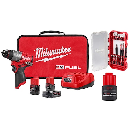 Milwaukee Tool SHOCKWAVE Driver Bit Set 18PC + M12 FUEL 1/2" Hammer Drill/Driver Kit + M12 CP2.5 Battery 3404-22, 48-11-2425, 48-32-4403
