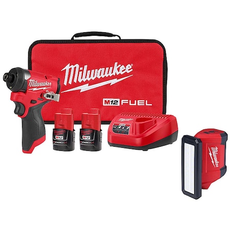 Milwaukee Tool M12 FUEL 1/4" Hex Impact Driver Kit + M12 ROVER Service and Repair Flood Light w/ USB Charging 3453-22, 2367-20
