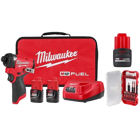 Milwaukee Tool M12 FUEL 1/4" Hex Impact Driver Kit + SHOCKWAVE Impact Driver Bit Set + M12 HIGHOUTPUT CP2.5 Battery 3453-22, 48-11-2425, 48-32-4403