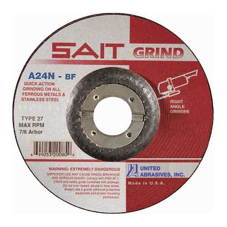 United Abrasives/Sait Depressed Center Grinding Wheel, Type 27, 6 in Dia, 0.25 in Thick, 7/8 in Arbor Hole Size, 24 Grit 20078