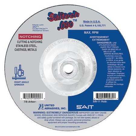 United Abrasives/Sait Depressed Center Cut-Off Wheel, Type 27, 4 1/2 in Dia, 0.09 in Thick, 5/8"-11 Arbor Hole Size 20933