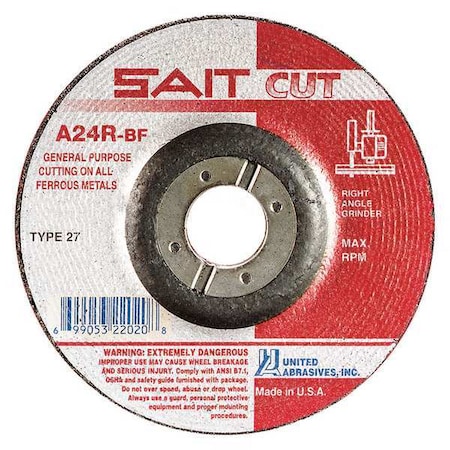 United Abrasives/Sait Depressed Center Cut-Off Wheel, Type 27, 4 1/2 in Dia, 0.0938 in Thick, 7/8 in Arbor Hole Size 22020