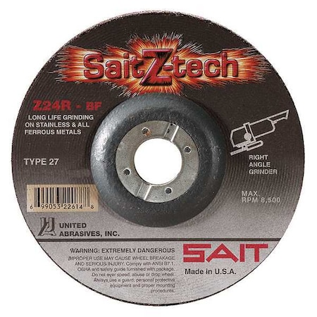 United Abrasives/Sait Depressed Center Grinding Wheel, Type 27, 6 in Dia, 0.25 in Thick, 7/8 in Arbor Hole Size, 24 Grit 22603