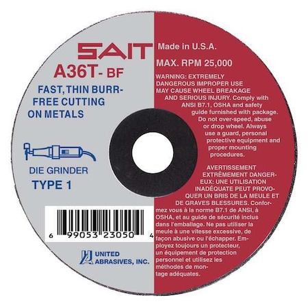 United Abrasives/Sait Abrasive Cut-Off Wheel, Type 1, 4 in Dia, 0.0625 in Thick, 5/8 in Arbor Hole Size, Aluminum Oxide 23061