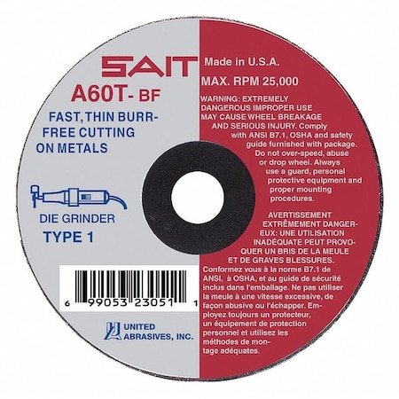 United Abrasives/Sait Abrasive Cut-Off Wheel, Type 1, 2 in Dia, 0.035 in Thick, 1/4 in Arbor Hole Size, Aluminum Oxide 23013