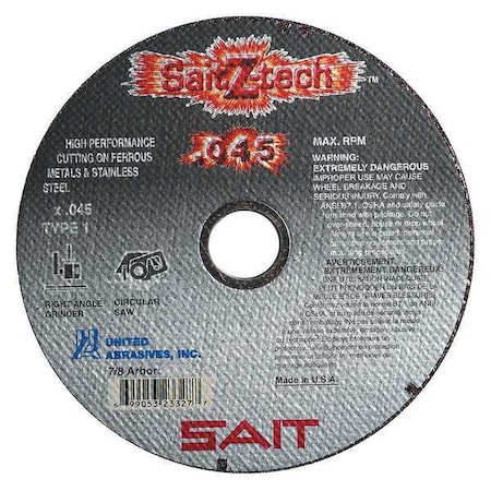 United Abrasives/Sait Abrasive Cut-Off Wheel, Type 1, 4 in Dia, 0.045 in Thick, 5/8 in Arbor Hole Size, Zirconia Alumina 23323